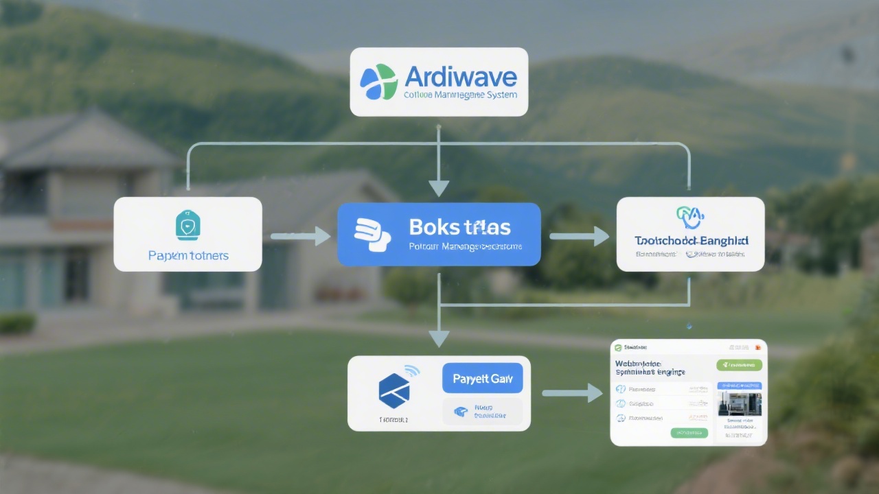 Flowchart showing AdriWave connecting property management system, booking portals, payment gateway, and website booking engine with synchronized data streams.