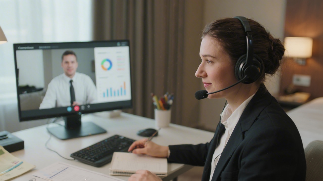 Customer success specialist wearing headset providing remote assistance to hotel manager via video call with shared analytics dashboard.