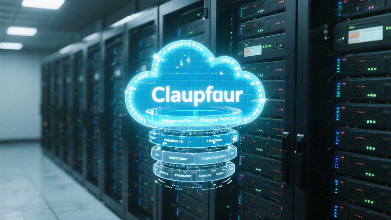 Secure server racks with cloud architecture overlay highlighting encryption layers, uptime monitoring, and Cloudflare protection for hospitality software.