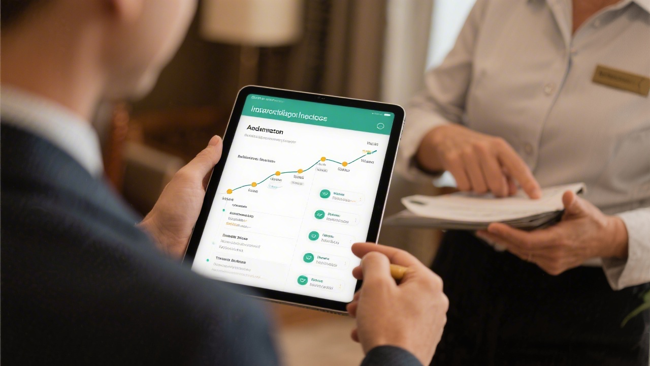 Implementation specialist guiding hotel manager through onboarding checklist with timeline, milestones, and training modules on tablet.