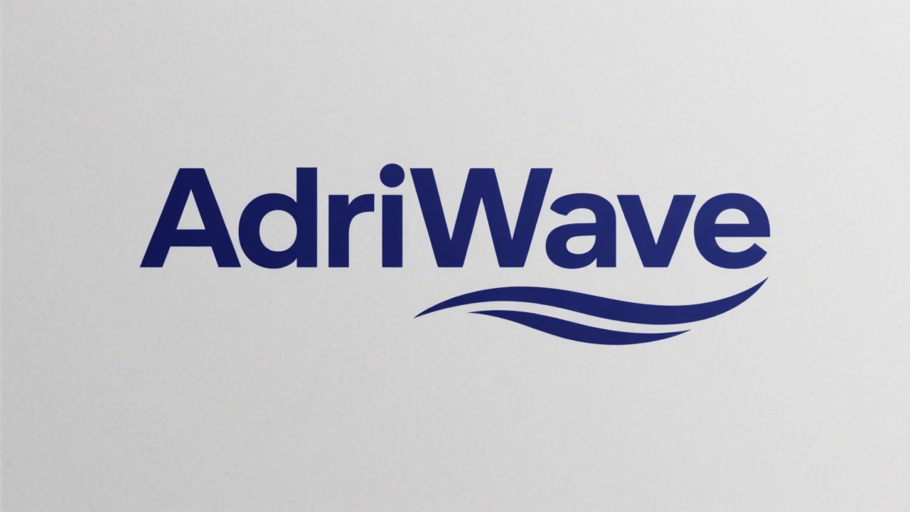 Minimalistic AdriWave wordmark in deep navy blue sans-serif typography representing modern Dalmatian hospitality channel manager brand with subtle wave motif and balanced spacing.