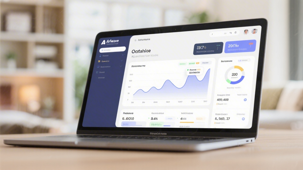 Laptop displaying AdriWave analytics dashboard with occupancy trend chart, booking source breakdown, and performance indicators for boutique hotels.